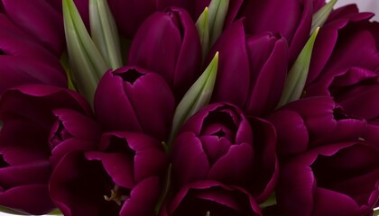 Obraz premium A stunning bouquet of deep purple and magenta tulips with velvety petals, exuding royal elegance in soft lighting for a dramatic floral display.