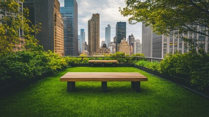 Urban rooftop sanctuary with a lush grass park, cozy wooden benches, and panoramic skyscraper views.