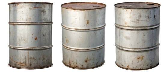 Three rusty metal barrels isolated with transparent background
