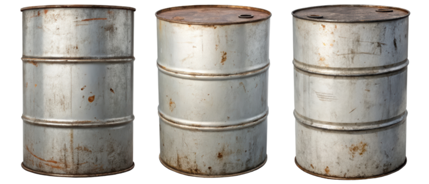 Three rusty metal barrels isolated with transparent background
