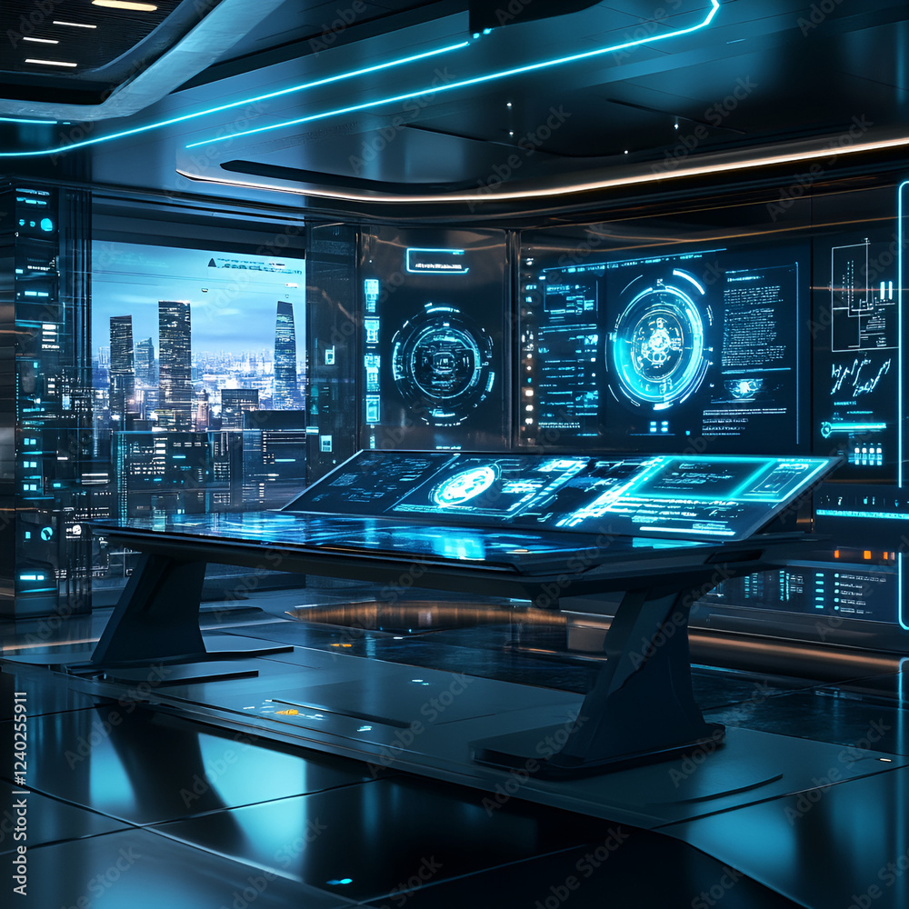 Poster futuristic command center: the image presents a state-of-the-art command center with multiple intera