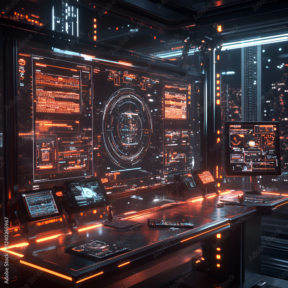 Poster technological command center: explore a futuristic, high-tech command center with glowing screens di