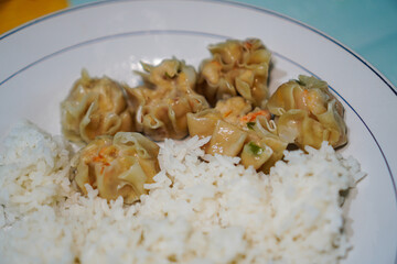 A plate of savory shrimp dumplings served with a side of fluffy steamed rice. A simple yet satisfying meal. Delicious Shrimp Dumplings with Steamed Rice: A Simple and Satisfying Meal Chikcen Dumplings