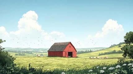 Obraz premium Red barn in a vibrant green field with cows and birds on a sunny day