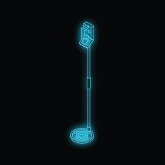 Neon glowing metal detector on black background, isometric view