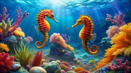 Obraz premium Colorful Seahorses Swimming Among Vibrant Coral in Clear Water