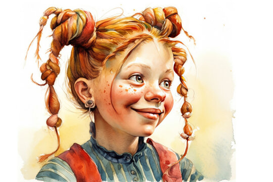 Pippi Longstocking, watercolor style, Generative AI