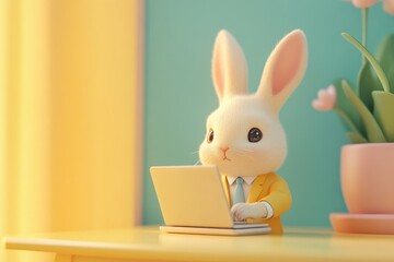 Adorable bunny in a yellow suit works diligently on a laptop, surrounded by a serene, pastel-colored workspace.