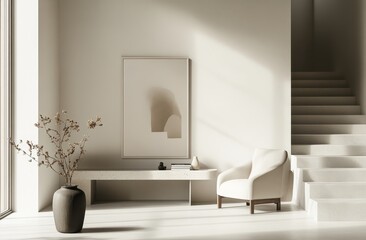 Modern minimalist interior, sunlight, stairs, chair, art