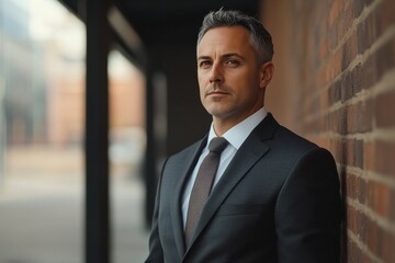 Fototapeta premium Businessman in a suit deep in thought against a dark textured background