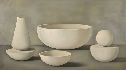 Abstract Still Life Painting, Minimalist Ceramic Forms and Neutral Tones