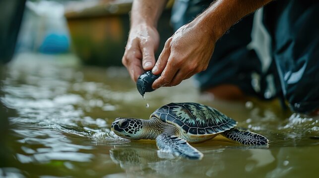 Scientist carefully tagging a sea turtle before releasing it back into the ocean as part of a marine life preservation program focused on protecting endangered aquatic species and their habitats