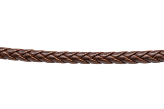 Brown braided leather cord isolated with transparent background