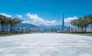 Obraz na płótnie Canvas Cityscape Plaza Empty urban square, Hong Kong skyline, sunny day, advertising