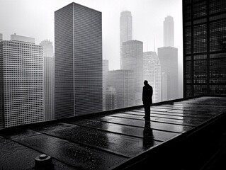 Fototapeta premium A visionary leader standing at the edge of a skyscraper rooftop, gazing at the city skyline, representing future-oriented leadership. Dramatic lighting and high contrast.