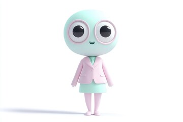 Fototapeta premium A cute, cartoonish character, possibly female, wearing a pink blazer and mint skirt, with large expressive eyes.