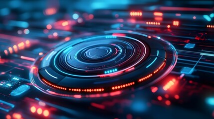 A futuristic digital interface featuring glowing circles and lines in vibrant red and blue tones, suggesting advanced technology and data visualization.