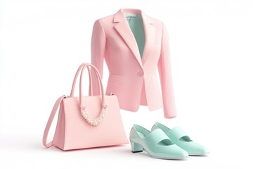 Pink blazer, handbag with pearl detail, and mint green heels; a stylish and elegant women's outfit.