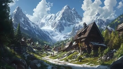 Fototapeta premium Scenic mountain village, peaceful rural landscape with charming cottage, lush greenery, bright blue sky and fluffy clouds.