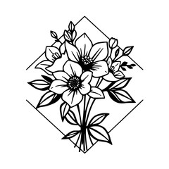 Elegant Black and White Flower Bouquet Line Art Drawing, Geometric Floral Design, Botanical Illustration,  Graphic Vector