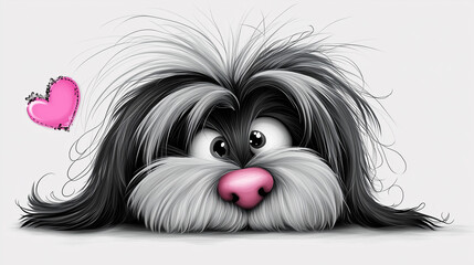 Naklejka premium Adorable black and gray long-haired Havanese dog with a pink nose in a cute clipart style on a white background. Vector illustration with simple shapes and soft pastel colors, perfect for Valentine's 