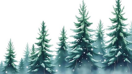 Obraz premium Watercolor winter pine tree forest illustration with falling snow, conifer spruce trees, Christmas theme, watercolor, isolated, winter