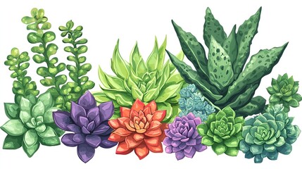 Fototapeta premium Colorful succulent plants arrangement, garden, white background, home decor