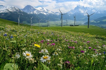 A lush green meadow filled with wildflowers in bloom, surrounded by snow-capped mountains in the background. Wind turbines stand gracefully in the distance, blending with the natural surroundings.
