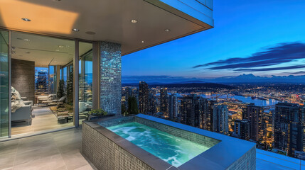 Fototapeta premium Luxurious penthouse with panoramic city views, modern design, and private hot tub. Enjoy breathtaking sunsets and serene atmosphere in this upscale urban retreat