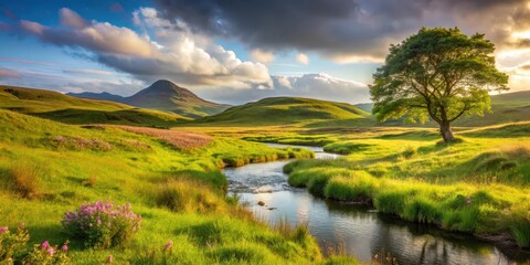 Serene Landscape Featuring a Verdant Meadow, Gently Winding River, and Majestic Rolling Hills Under a Dramatic Sky