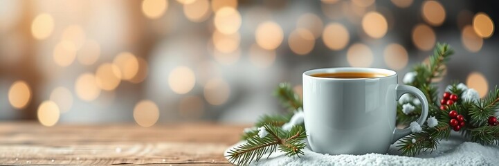 Obraz premium White coffee mug on wooden Christmas background with snow, green branches, beautiful bokeh, copy space mockup for advertising, green branches, mockup, bokeh