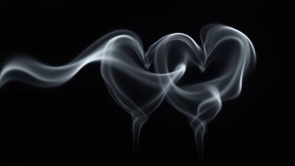 Smoke art in the shape of two intertwined hearts against a black background. The smoke is ethereal and delicate, creating a romantic and mysterious mood. Generative AI