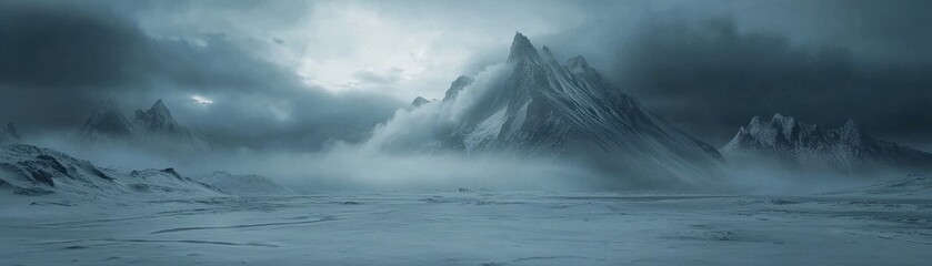 A stunning, dramatic landscape featuring towering mountains enveloped in mist and clouds, creating a mystical atmosphere in a cold, desolate environment.