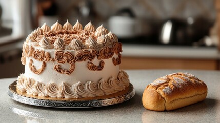 A lavishly decorated cake with intricate details beside a plain loaf of bread on a kitchen counter.