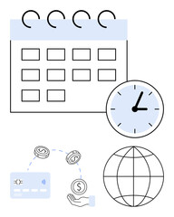 Calendar, clock, credit card with currency exchange, and globe. Ideal for time management, finance, global businesses, scheduling transaction tracking international trade and deadlines. Line