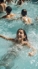 Joyful girl swimming in a clear pool during a sunny day with friends nearby