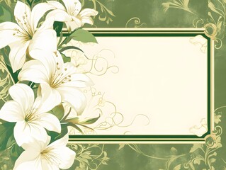 Elegant White Lilies Floral Frame Green Background Vintage Wedding Invitation Design