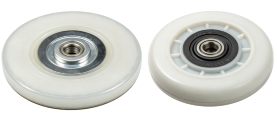 Two white plastic caster wheels isolated with transparent background