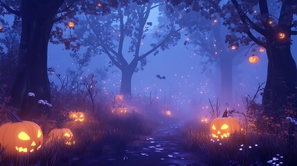 A Foggy Halloween Forest Path Lit By Jack-o'-Lanterns