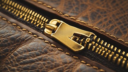 Brown leather closeup zipper detail, texture, product use