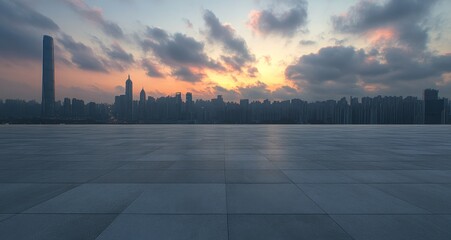 Cityscape sunrise, empty plaza, urban dawn, promotional backdrop