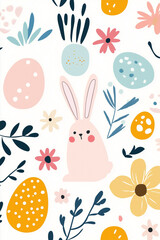 modern flat design illustration featuring flowers, eggs, and bunnies in soft pastel colors. A charming and minimalistic composition perfect for Easter, spring, and festive celebrations.