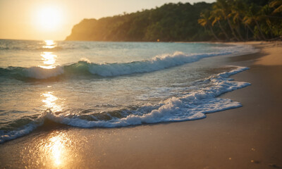 golden sandy beach with gentle waves at sunset