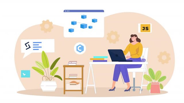 Vector scene animation explaining blockchain technology, with scenes illustrating transactions, decentralized networks, and secure digital ledgers.