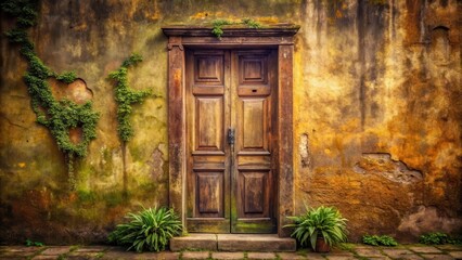 Ancient Wooden Doorway in a Weathered Stone Wall