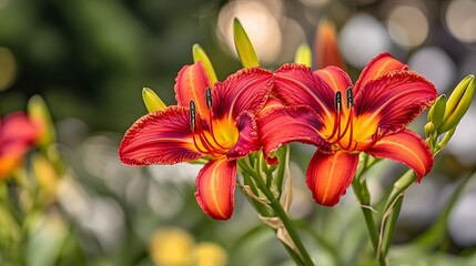 Fototapeta premium Stunning Red and Orange Daylily Flowers Close Up