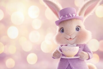 Fototapeta premium Adorable bunny in a lavender suit enjoys tea, bokeh background.
