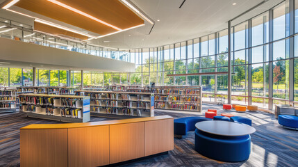 Modern library with open spaces, large windows, and digital reading areas, creating bright and inviting atmosphere for study and relaxation