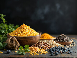 Assorted lentils display variety in wooden bowls on rustic surface Healthy and nutritious