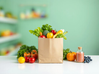 Fresh produce fills paper bag with healthy vegetables and fruits on white table against green background
